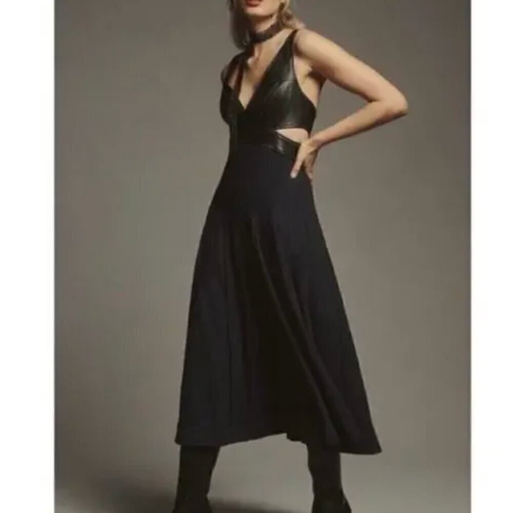 New ANTHROPOLOGIE Black Navy Faux Leather Cut-Out Sleeveless Midi Dress Size 12